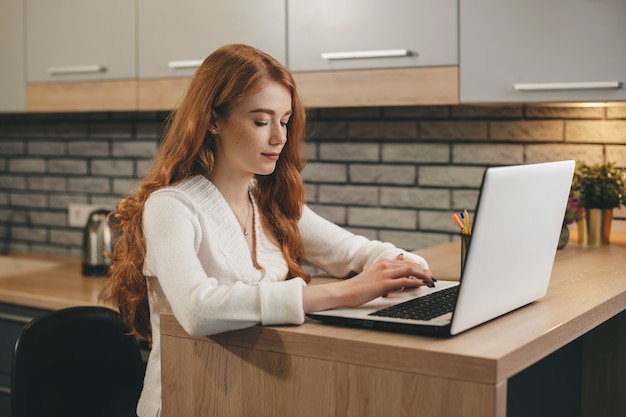 Seitenansichtfoto einer kaukasischen Frau, die am Laptop in der Küche arbeitet