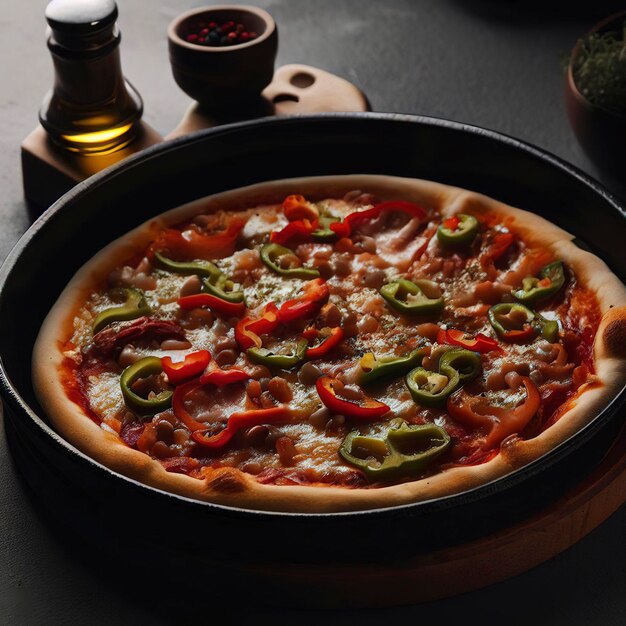 Seitenansichtpizza mit gehackter Paprika in Brettkochgeschirr auf dunklem Hintergrund