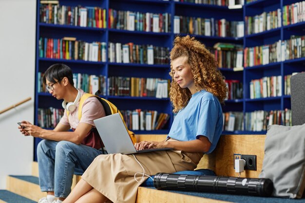 Seitenansichtporträt einer lockigen jungen Frau, die einen Laptop in der Bibliothek verwendet und lächelt