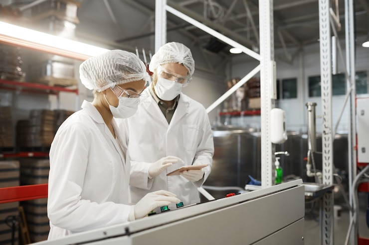 Foto seitenansichtporträt von zwei arbeitern, die schutzkleidung tragen, während sie maschineneinheiten im chemiewerk betreiben, kopierraum