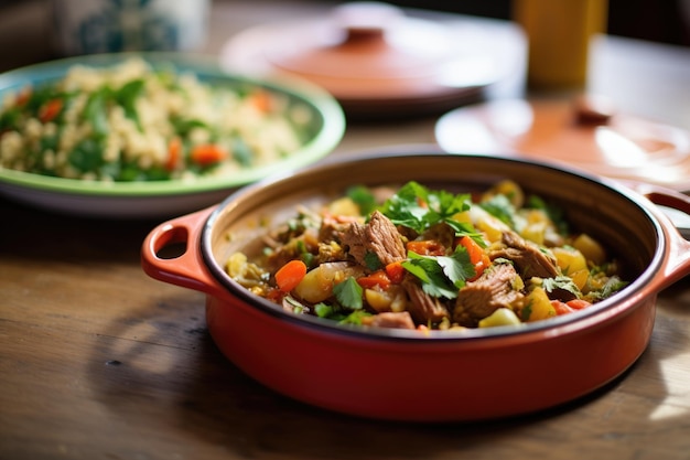 Seitenaufnahme einer Lamm-Tajine mit offenem Deckel auf einer Holzoberfläche