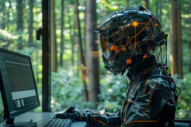 Seitenprofil eines Motorradfahrers mit Helm, der auf einem Laptop in einer Waldumgebung arbeitet