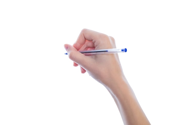 Seitenprofil halb gedreht Nahaufnahme Studio Foto der Hand der Frau mit Stift isoliert auf weißem Hintergrund Exemplar Mockup