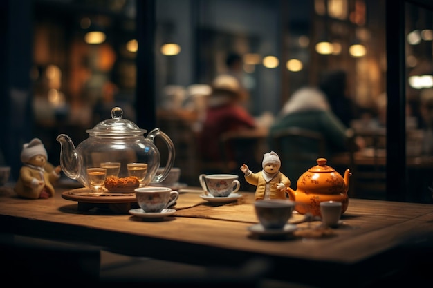 Seitensicht auf Tee-Tisch mit Teeglas und Figuren und Teekannen im Tisch im Restaurant