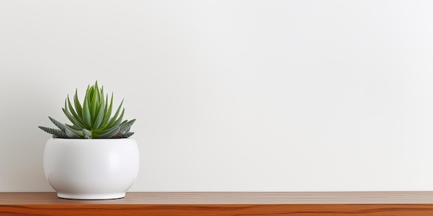 Seitensicht einer saftigen Pflanze in einem weißen Topf auf einem Holzregal gegen eine weiße Wand