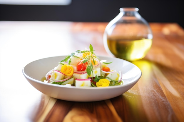 Seitenwinkel von Caprese-Salat in einer Glasschüssel mit Olivenölflasche