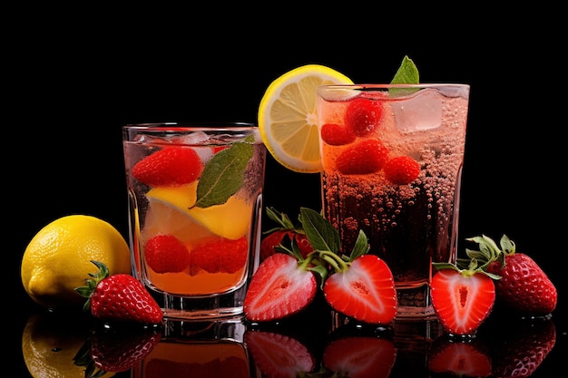 Seitliche Ansicht belebende Getränke mit einem Stück Zitrone und Erdbeeren auf dem Tisch
