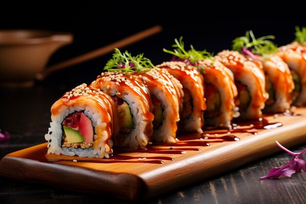 Seitliche Ansicht der traditionellen japanischen Küche Sushi-Roll mit Thunfisch, serviert mit Ingwer auf Grün