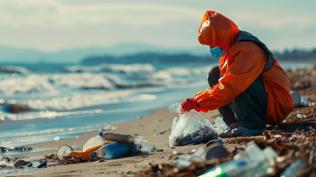 Seitliche Ansicht einer anonymen Person in Schutzkleidung mit orangefarbenen Handschuhen, die am Strand sitzt und Müll gegen einen verschwommenen Hintergrund abholt