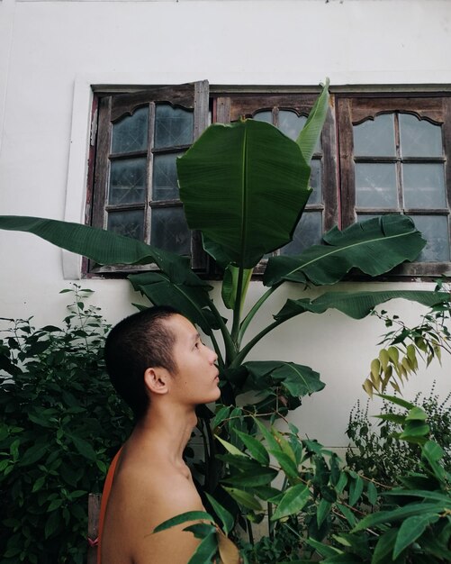 Seitliche Ansicht eines Mönchs, der inmitten von Pflanzen am Haus steht