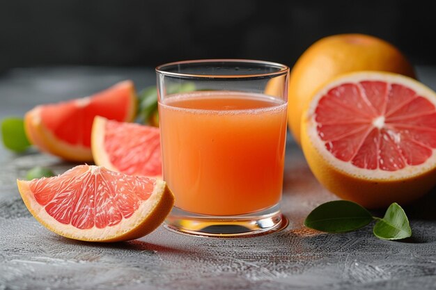 Foto seitliche ansicht frisch gepresster grapefruit mit orangensaft mit grapefruitscheiben und orangen