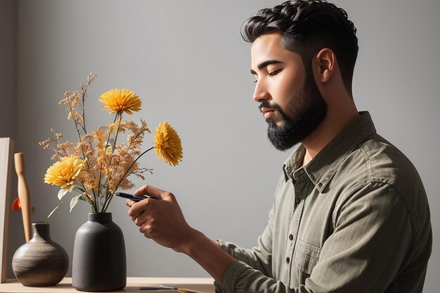 Seitliche Ansicht Mann mit Bürste und Vase