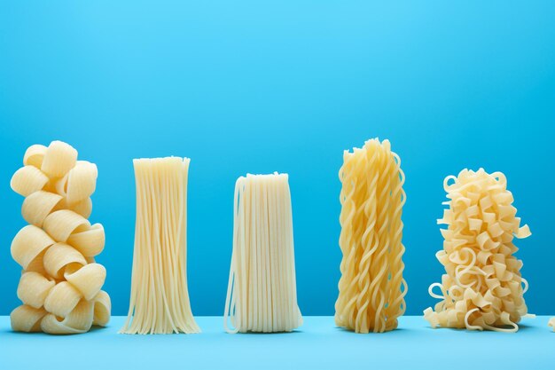 Foto seitliche ansicht verschiedener roher italienischer pasta, die in einer reihe auf blauem hintergrund angeordnet sind