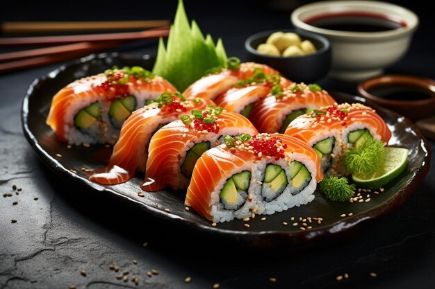 Seitliche Ansicht von Sushi-Rollen mit Thunfisch, Lachs und Avocado, mit Sesam bedeckt, auf einem Teller mit Wasabi und