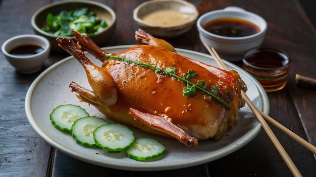 Foto seitliche ansicht von traditioneller asiatischer speise pekingente mit gurken und soße auf einem teller