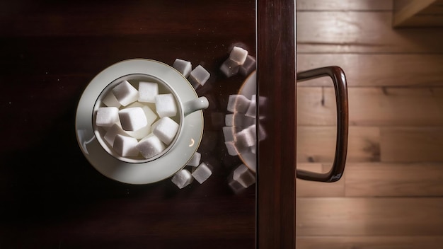 Seitliche Ansicht weißer Zuckerwürfel in einem Becher auf einem dunklen und horizontalen Holztisch