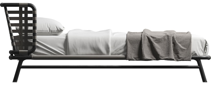 Foto seitliche sicht auf ein doppelbett mit kopfteil