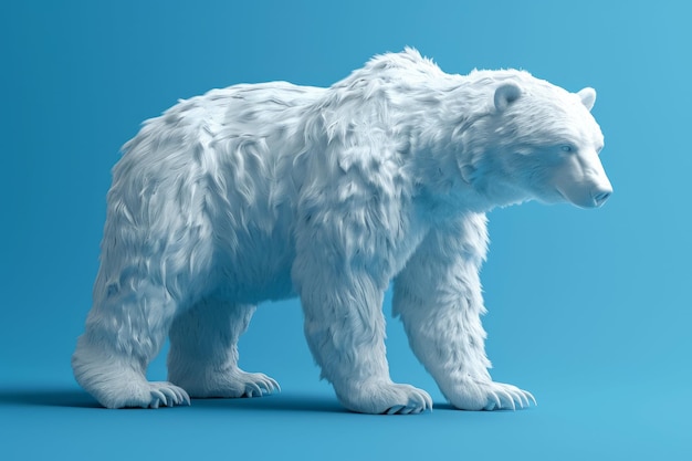 Seitliche Sicht auf ein Modell eines weißen Eisbären auf einem blauen Hintergrund, geeignet für Themen des Klimawandels