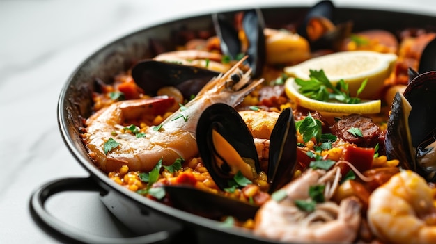 Seitliche Sicht auf ein Seafood und Chorizo Paella vor einem weißen Hintergrund