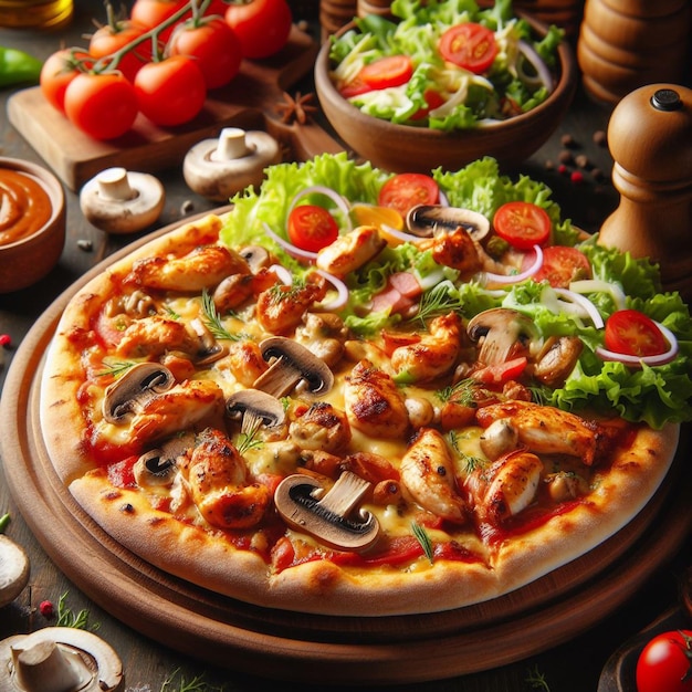Seitliche Sicht auf eine Pizza mit Hühner und Pilzen, die mit Soße und Gemüsesalat auf einer Holzplatte serviert werden