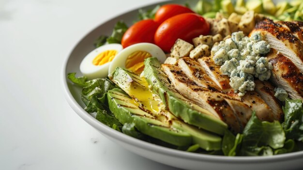 Seitliche Sicht auf einen Cobb-Salat-Teller vor einem makellosen weißen Hintergrund