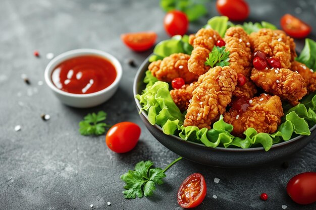 Seitliche Sicht auf gebratenes Huhn mit Tomaten und Soße auf Salat auf einem Teller auf rustikaler Art