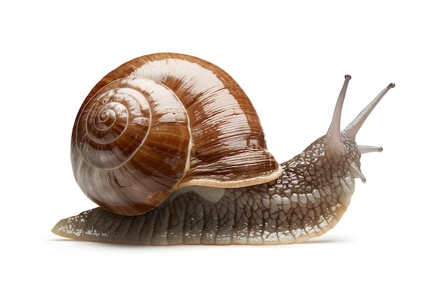 Seitliche Studioaufnahme einer Schnecke weiße isolierte Hintergrundfoto