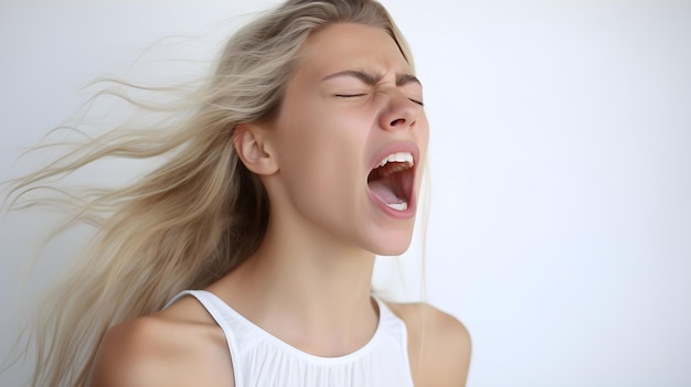 Foto seitliches porträt einer jungen weißen frau, die laut auf einem weißen hintergrund schreit