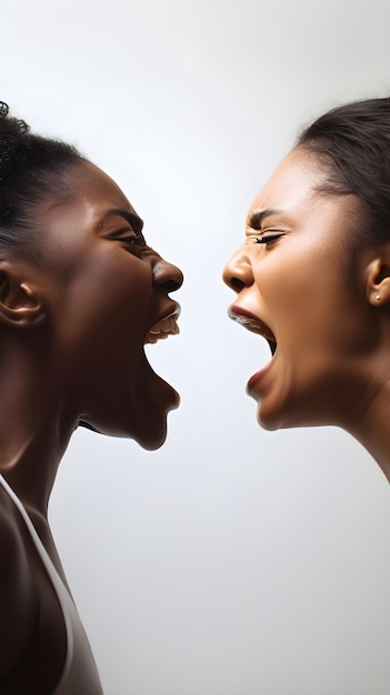 Seitliches Porträt von zwei schwarzen Frauen, die sich gegenseitig gegen einen weißen Hintergrund laut anrufen