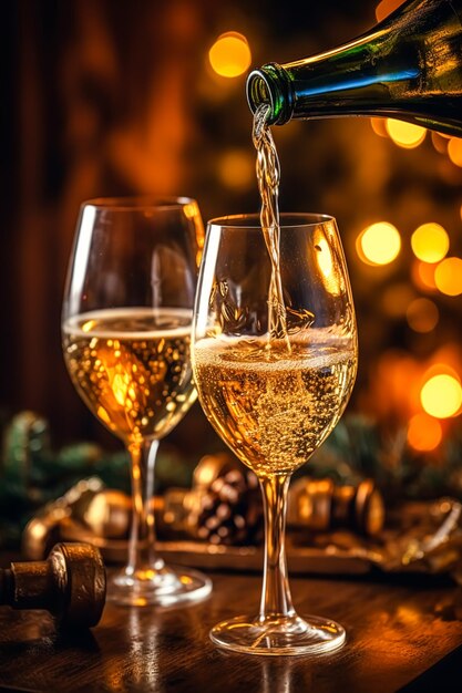 Sekt, Proseco oder Champagner vor dem Kamin an einem Feiertagsabend. Frohe Weihnachten, ein glückliches neues Jahr und schöne Feiertage