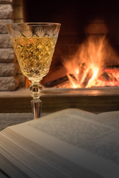 Sektglas und ein aufgeschlagenes Buch gegen gemütlichen Kamin.