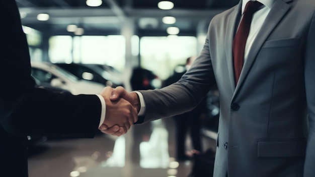 Selar o negócio Um aperto de mão bem-sucedido entre o cliente e o assistente de vendas num desfile de carros elegante