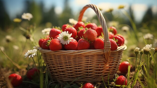 Selbst angebaute Erdbeeren im Holzkorb