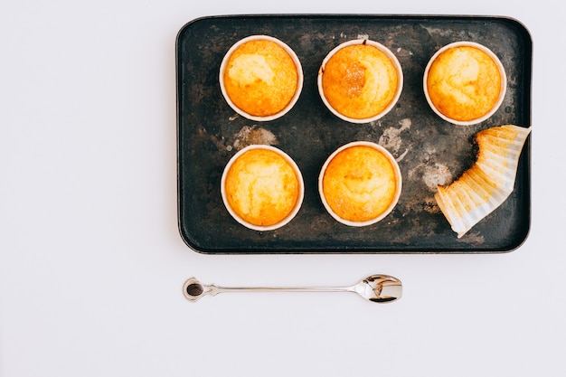 Selbst gemachte Muffins in einem schwarzen Behälter auf einem weißen Hintergrund