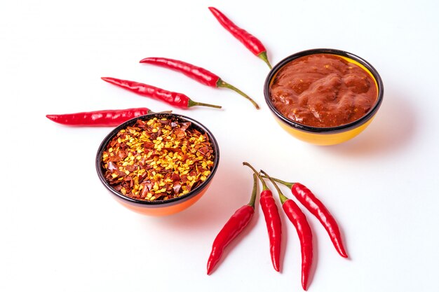 Selbst gemachte rote Harissa-Paste, Paprikapfeffergewürze und frische rote Paprikapfeffer