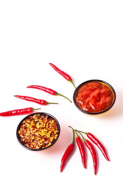 Selbst gemachte rote Harissa Paste, Paprikapfeffergewürze und frische rote Paprikapfeffer.