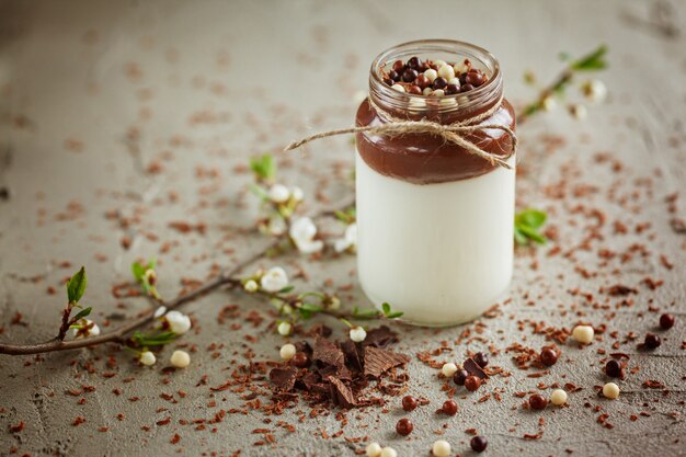 Selbst gemachter Joghurt mit Schokoladencreme und Pralinen