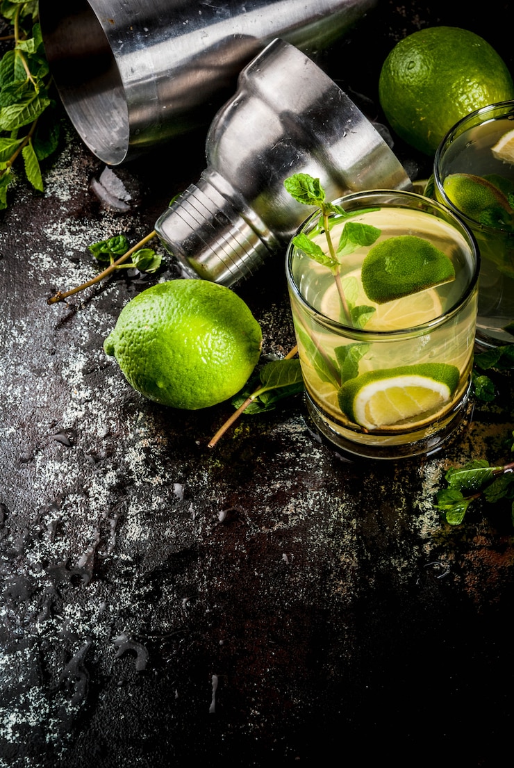Foto selbst gemachter limonaden- oder mojito-cocktail mit frischer limette und minze, dunkles rostiges metall,