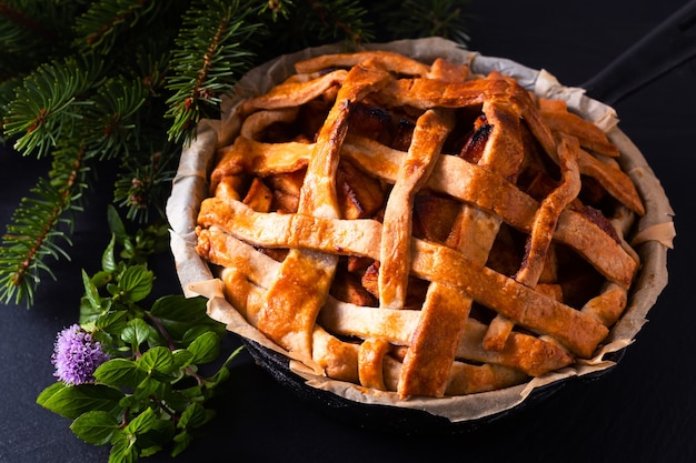 Selbst gemachter rustikaler Bio-Apfelkuchen in Eisenpfannenpfanne verzieren durch Kiefernblatt auf schwarzem Schiefersteinbrett