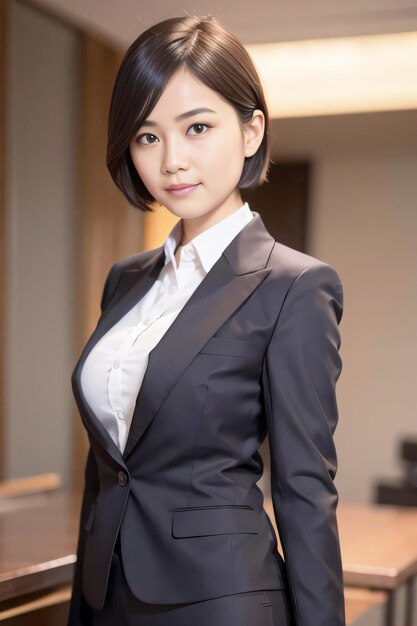 Foto selbstbewusst lächelnde junge professionelle asiatische geschäftsfrau unternehmensleiterin in einer schlanken bluse