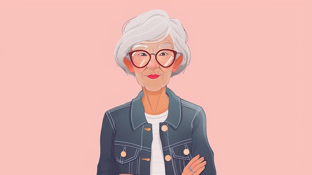 Selbstbewusste ältere Frau mit kurzen grauen Haaren und Brille, die eine Jeansjacke trägt