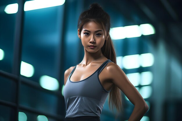 Foto selbstbewusste asiatische fitness-trainerin in einem fitnessstudio, professioneller trainer horizontal 3x2