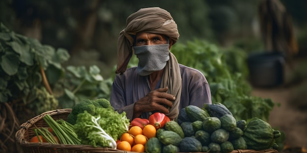 Selbstbewusste Bauern mit intensiven Blicken, die Körbe mit Gemüse in wunderbaren Gesichtsausdrücken halten, aufgenommen in Indien und Ägypten