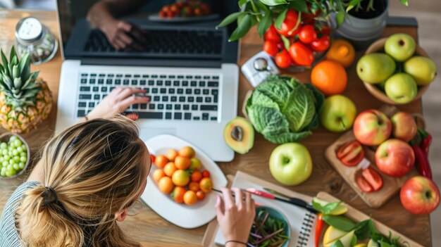 Selbstbewusste Ernährungswissenschaftlerin arbeitet am Schreibtisch mit frischem Obst