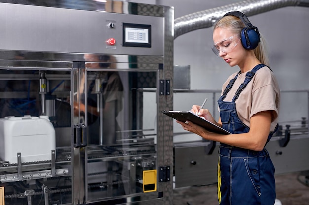 Selbstbewusste Frau bewertet die Qualität der Pestizidproduktion in der Fabrik, macht sich Notizen