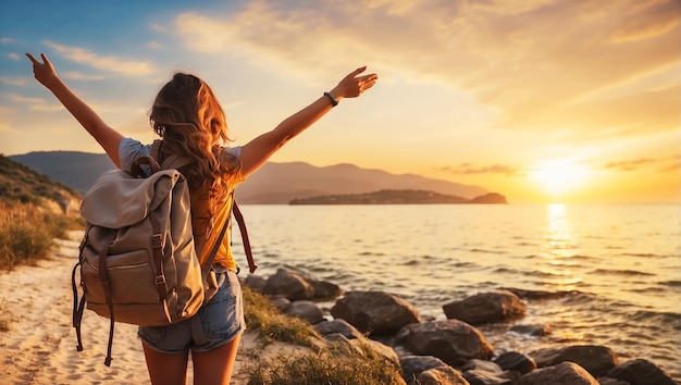 Selbstbewusste Frau mit Rucksack mit erhobenen Armen entspannt sich bei Sonnenuntergang am Meer während einer Reise, die Reisende genießen