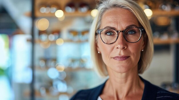 Selbstbewusste Frau mittleren Alters probiert eine neue Brille in einem Optikergeschäft im modernen Stil