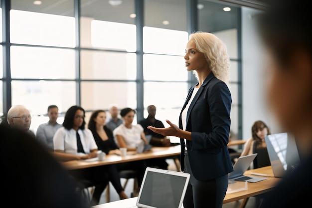 Selbstbewusste Geschäftsfrau hält vor Kollegen in einem modernen Büro eine Präsentation