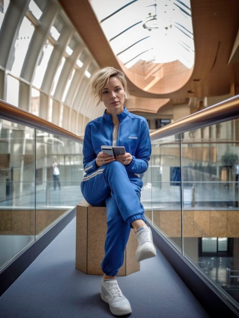 Selbstbewusste Geschäftsfrau in elegantem blauem Overall und einer von KI generierten Glaslobby
