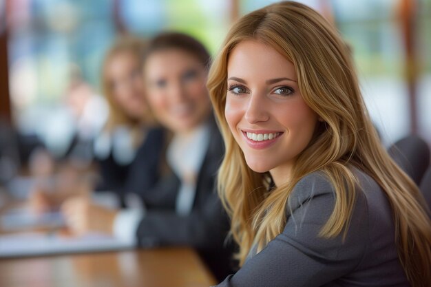 Foto selbstbewusste geschäftsfrau lächelt im vorstandssitz mit ki-generiertem meeting
